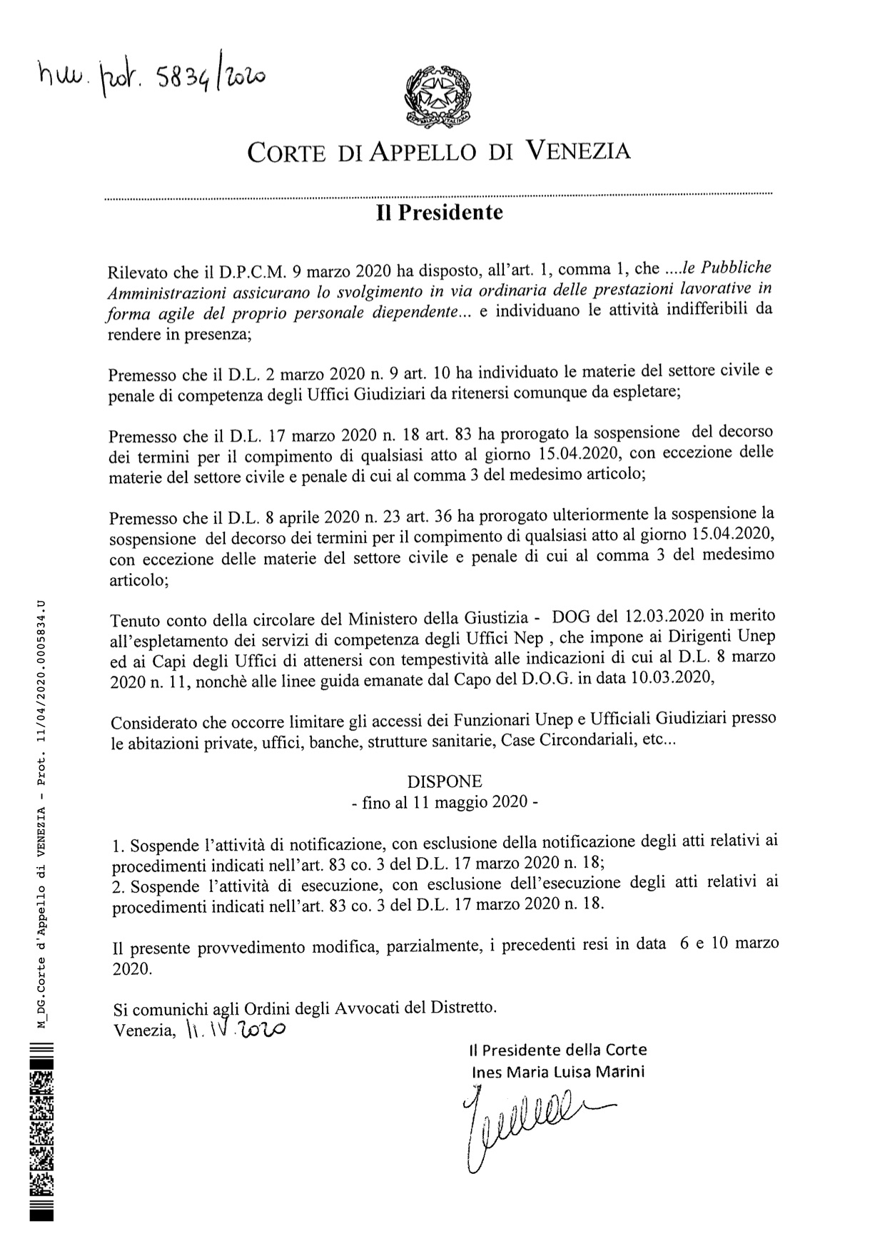 Provvedimento Presidente Corte d'Appello 11.04.2020 - Misure organizzative UNEP